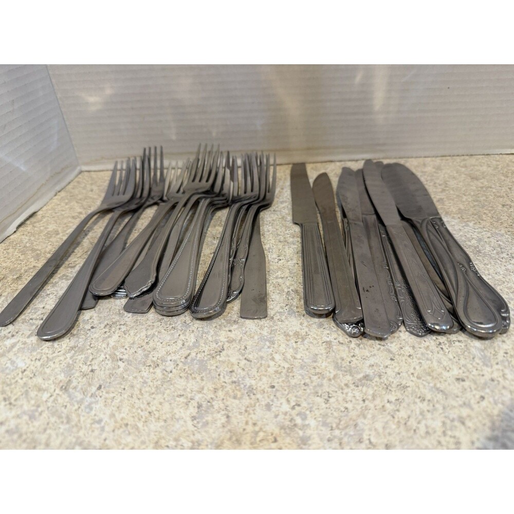 Vintage Mixed Lot Stainless Flatware 24pc 14 Forks 10 Knives Assorted Brands